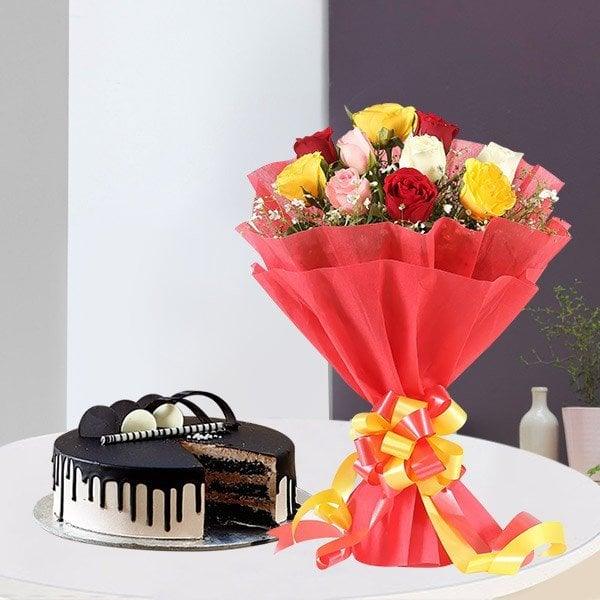 12 Mix Roses with Half Kg Chocolate Cake | OyeGifts - Flower Delivery in GiftsGhaziabad
