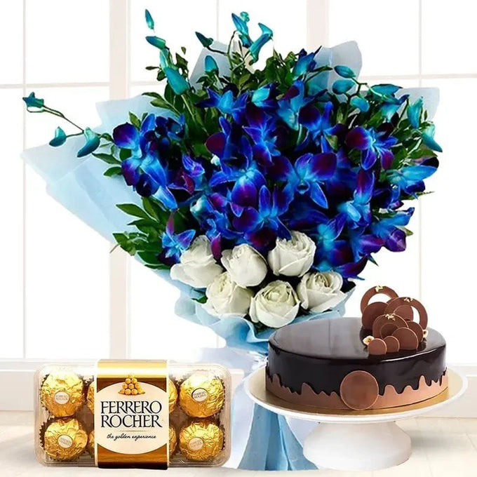 Purple Orchid & White Rose Bouquet with Truffle Cake and Ferrero Rocher - Flower Delivery in GiftsGhaziabad
