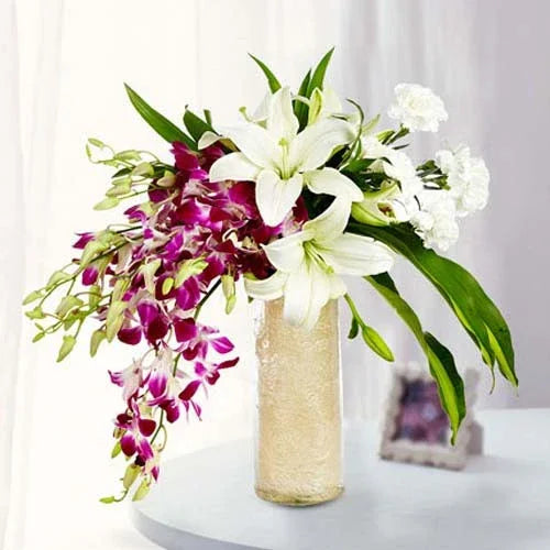Orchids with White Lilies & Carnations Glass Vase Arrangement - Orchids Gift for Men