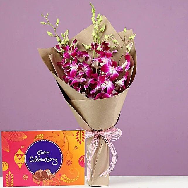 Purple Orchid Bouquet with Cadbury Celebration Chocolate Pack - Flower Delivery in GiftsGhaziabad