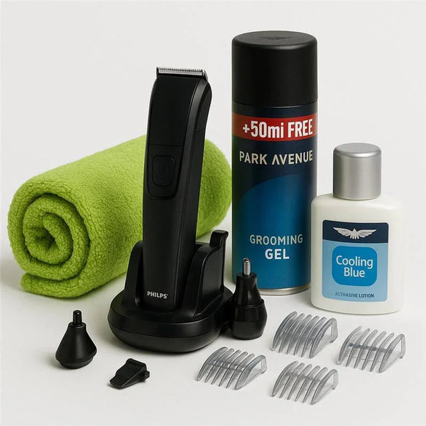 Men's grooming kit with trimmer, attachments, grooming gel, lotion, and green towel