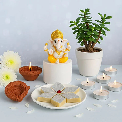 Lord Ganesha Idol with Jade Plant, Kaju Katli, Diyas and Tealight Candles Gift Hamper Online Gift Delivery