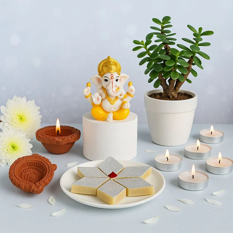 Ganesh Diwali Gift Hamper with Kaju Katli, Diyas, and Jade Plant
