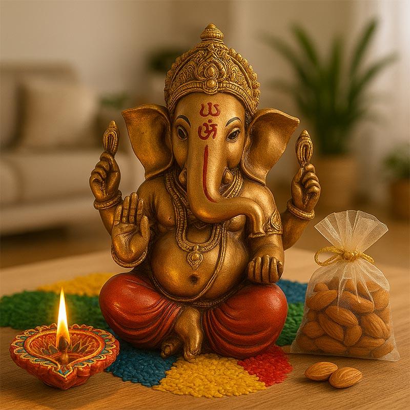 ganesha idol size 3 inch , almond 100 gm in potli and 2 designer diya