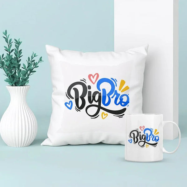 White pillow and mug with 'Big Bro' text on a light blue background