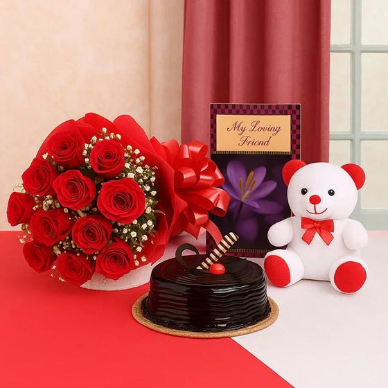 Gift combo with red rose bouquet, chocolate cake, teddy bear, and greeting card for special occasions