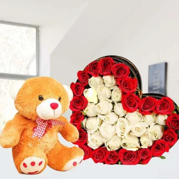 Heart Shaped 35 Red Roses Arrangement with 12 Inch Teddy Bear - Flower Delivery in GiftsGhaziabad