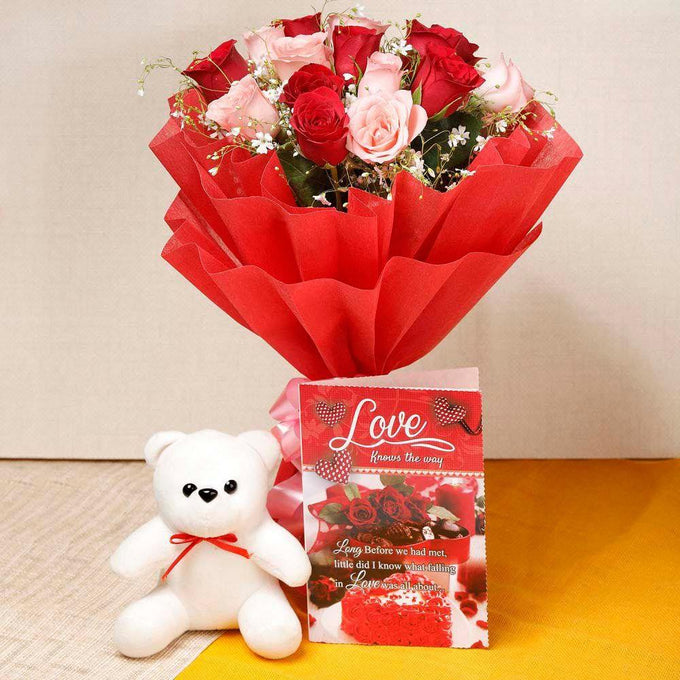 14 Pink & Red Roses Bouquet with 6 Inch Teddy & Romantic Card - Flower Delivery in GiftsGhaziabad