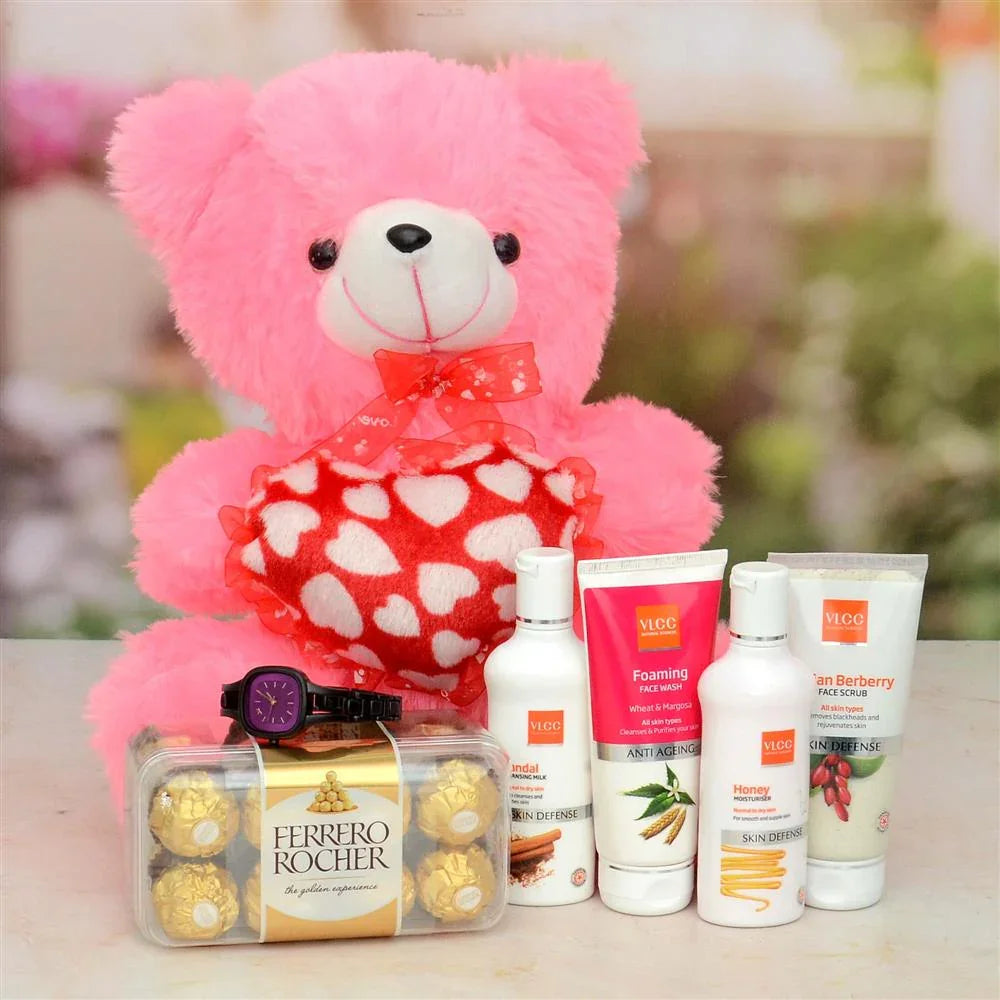 Ladies Watch With Cosmetics N Teddy Hamper