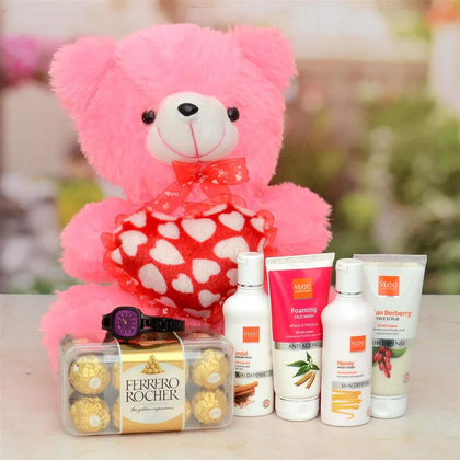 Ladies Watch With Cosmetics N Teddy Hamper