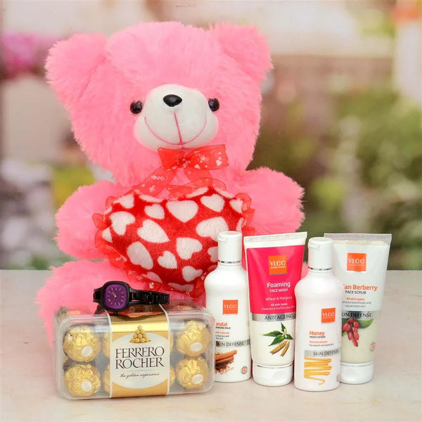 Ladies Watch With Cosmetics N Teddy Hamper