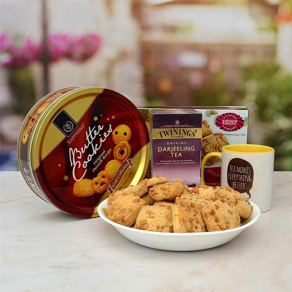 Karachi Cashew Biscuit, Butter Cookies, Tea with Mug