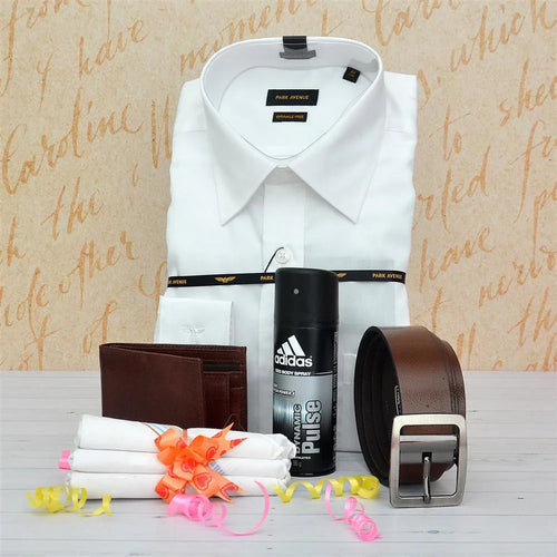 White Shirt with accessories including a wallet, belt, and Adidas deodorant on a decorative background.