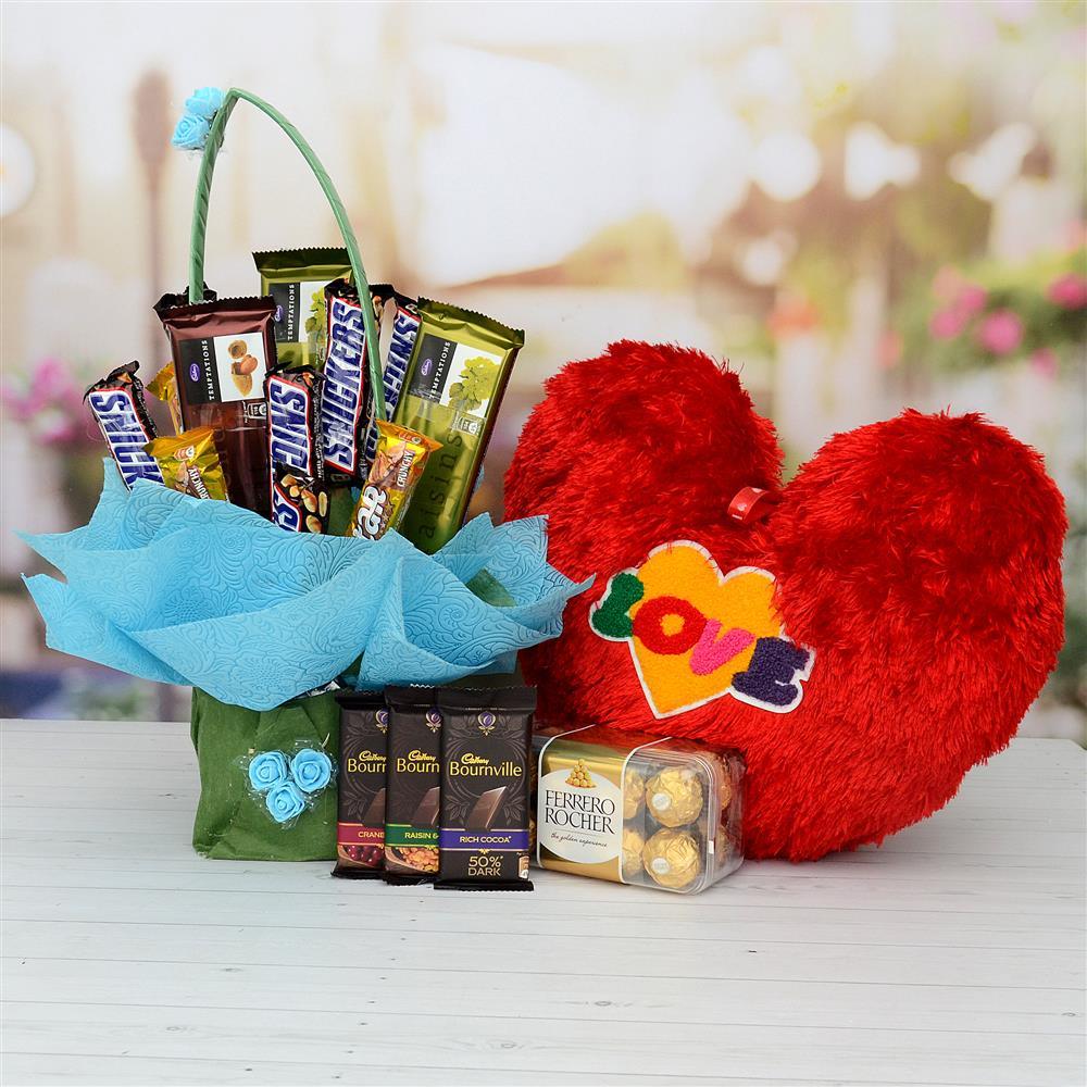 Chocolates Bouquet in a Basket with Bournville, Ferrero Rocher N Cushion