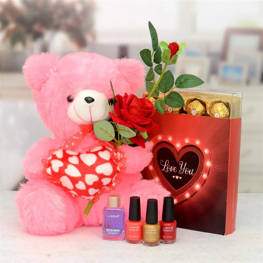 Love You Chocolates With Teddy & Cosmetics Hamper