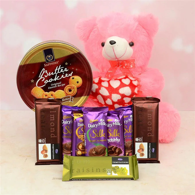 Pink Teddy Chocolate Hamper with Cookies