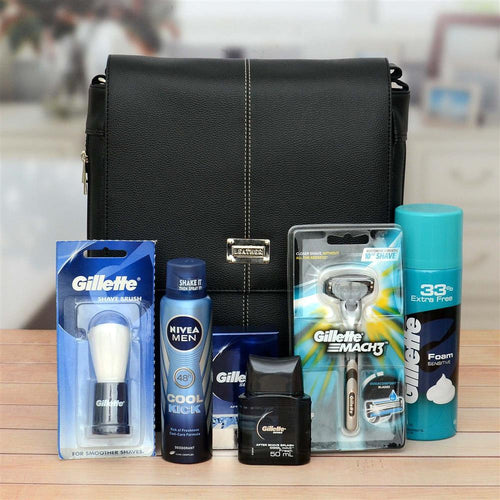 Collection of grooming products including Gillette and Nivea items on a wooden surface with a black leather bag in the background.