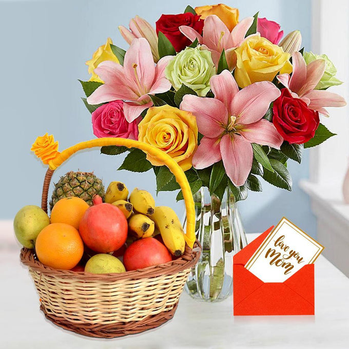 Mixed Roses & Pink Lilies with 2 Kg Fruit Basket - Flower Delivery in GiftsGhaziabad
