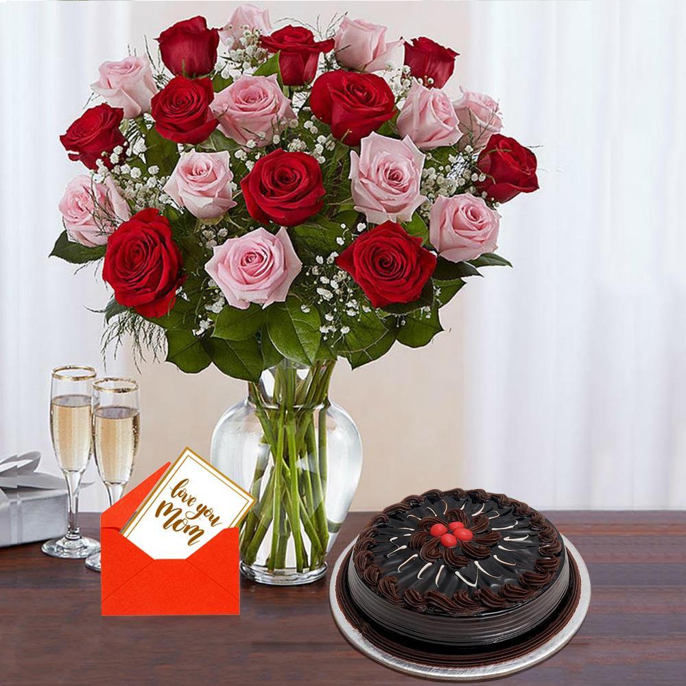 Red N Pink Roses With Chocolate Cake For Mom
