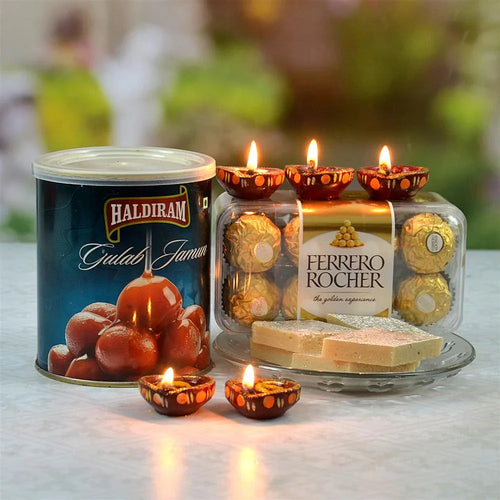 Ferrero Rocher chocolates, Haldiram Gulab Jamun, and Diya Kaju Katli