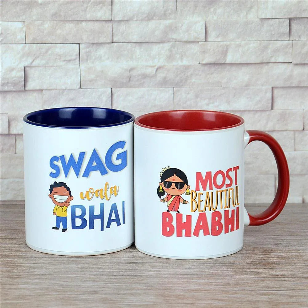 Two mugs with colorful text and character illustrations 