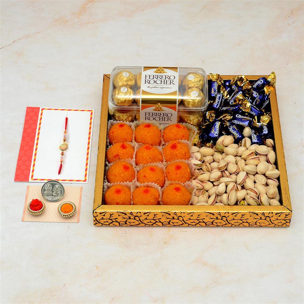 Almonds Kaju Barfi Mixed Chocolates Rakhi Basket