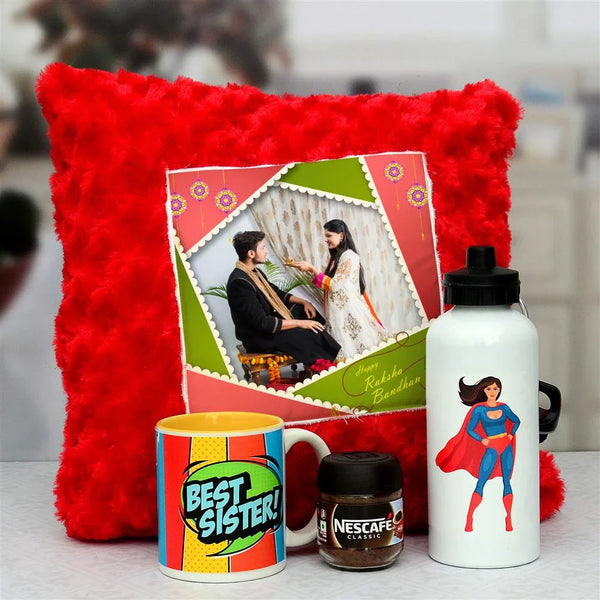 Gift set with a red pillow, mug, Nescafe jar, and water bottle with a superhero design.