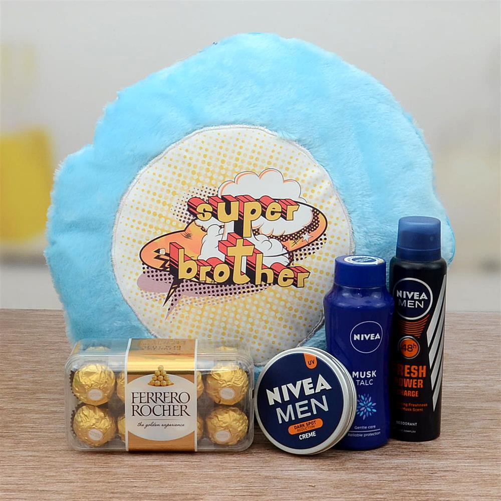 Gift set for a super brother with plush toy, toiletries, and chocolates on a wooden surface.