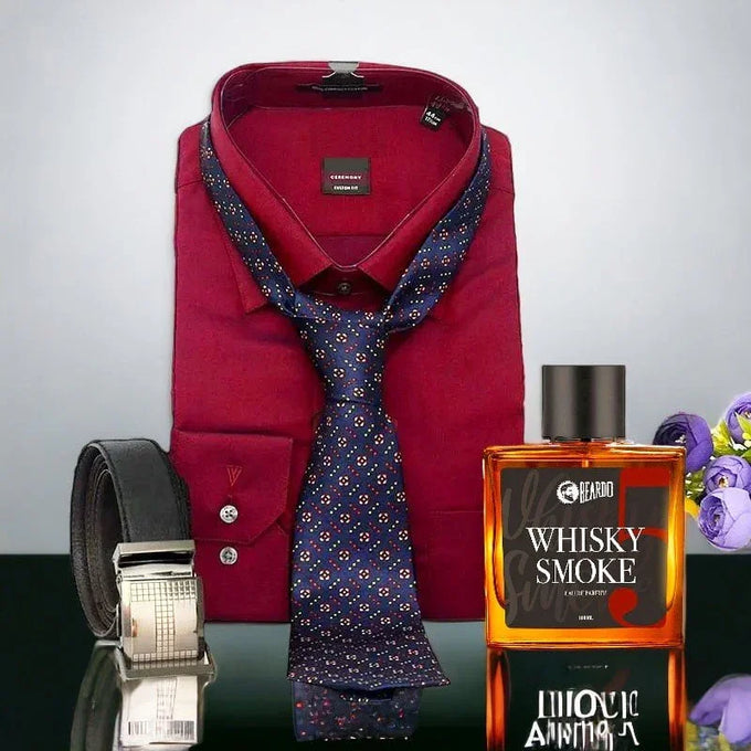 Maroon Shirt Gift Set with Blue Tie, Black Belt & Perfume
