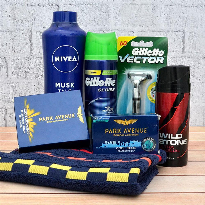 Men's Grooming Hamper with Gillette Razor, Shave Gel & Towel - Cosmetics for Men Gift for Men