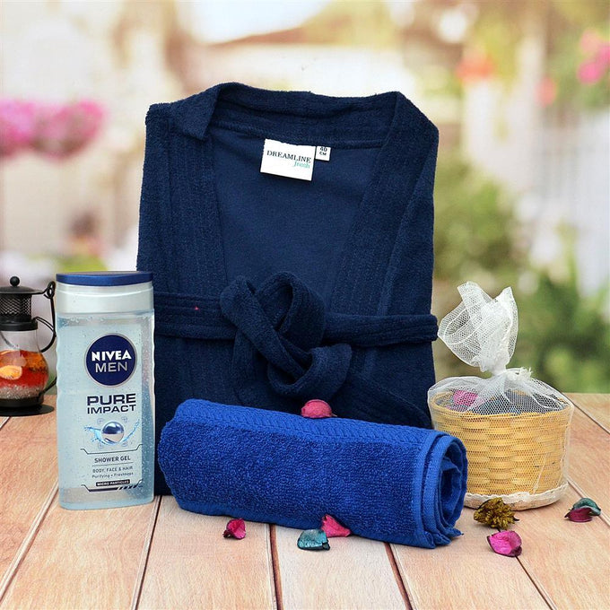 Blue Bath Robe Gift Set with Shower Gel | OyeGifts