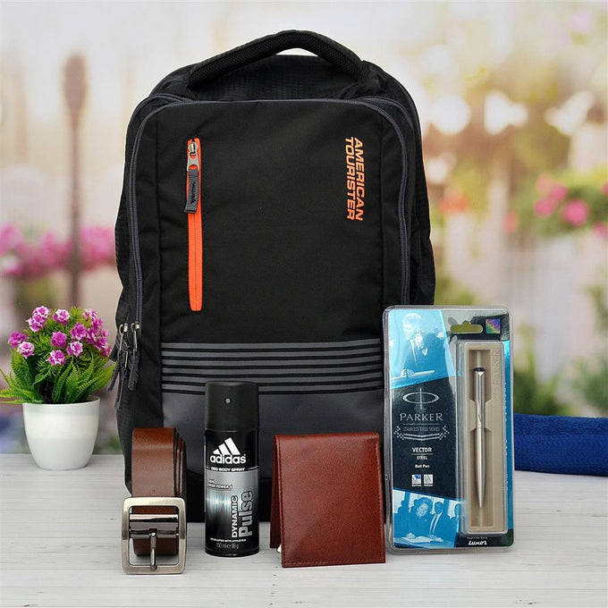 Men's Accessories Gift Hamper with American Tourister Backpack - Bags Gift for Men