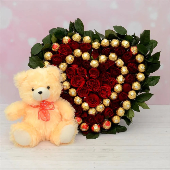 35 Red Roses Heart Arrangement with Ferrero Rocher & Teddy
