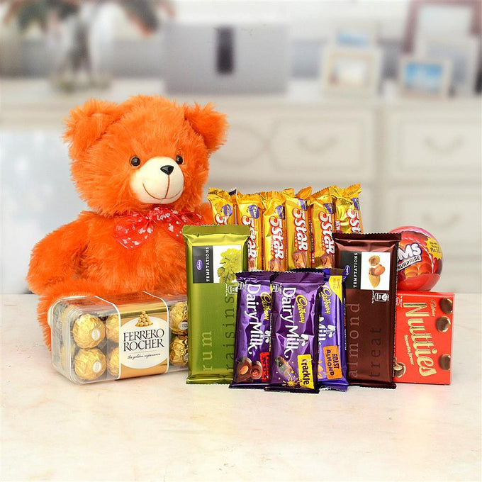 Chocolate Hamper with 10 Inch Brown Teddy & 16 Ferrero Rocher