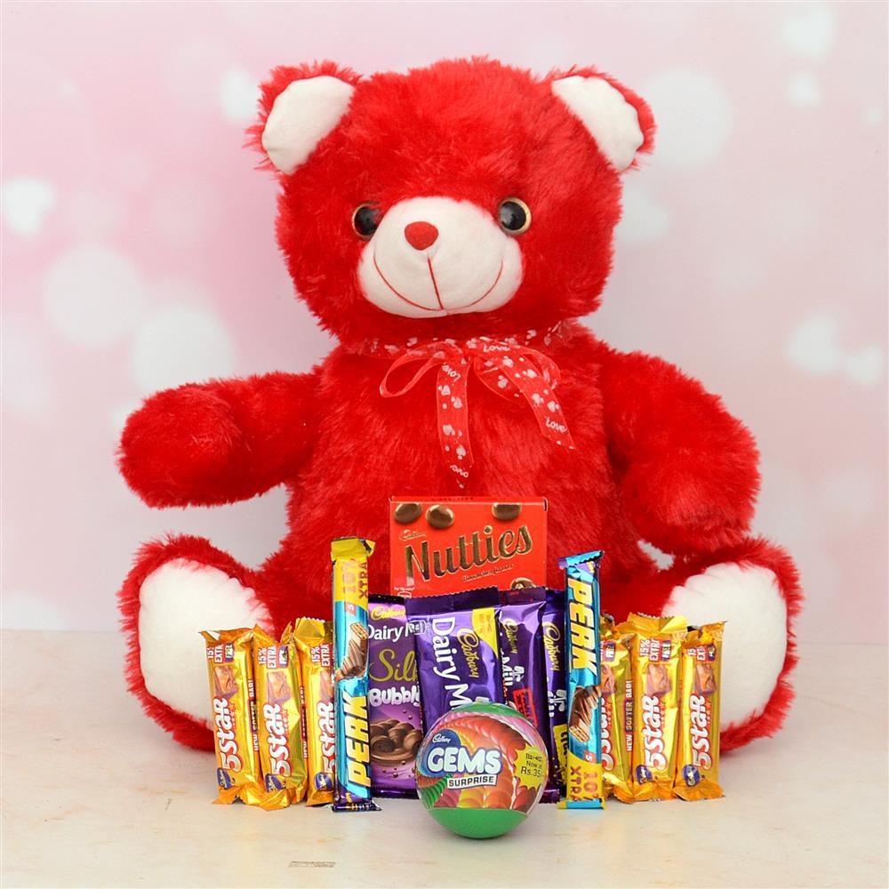 Red Teddy Bear With Chocolates Combo