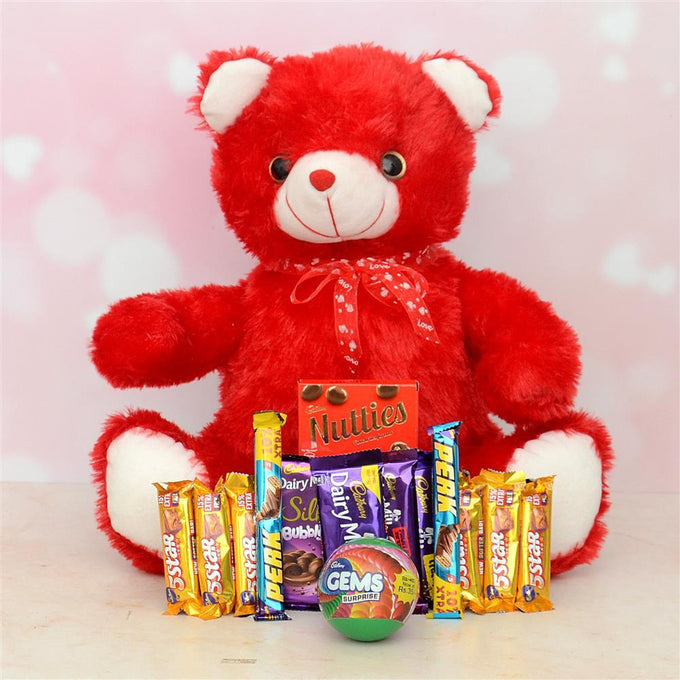 Red Teddy Bear With Chocolates Combo