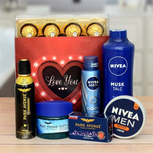 Grooming products including Park Avenue, Nivea, and Ferrero Rocher chocolates 