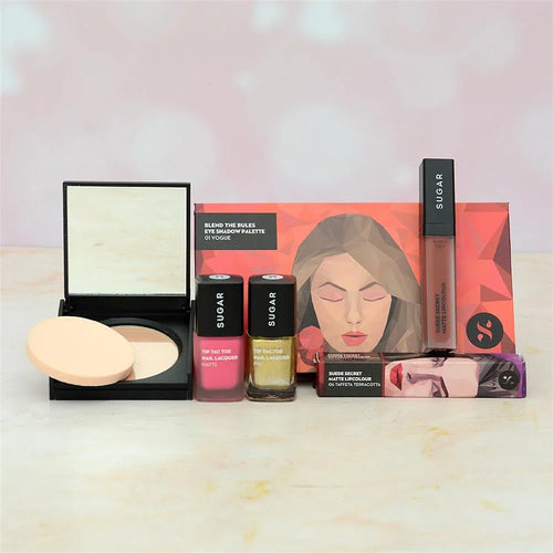 Collection of Sugar Cosmetics products including a compact, lip gloss, and other items 