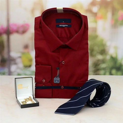 Red dress shirt with a tie and cufflinks 