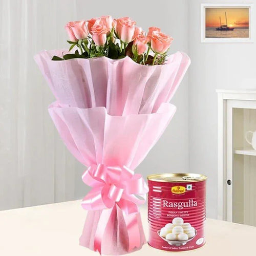 8 Pink Roses Bouquet with 1kg Rasgulla Online Gift Delivery