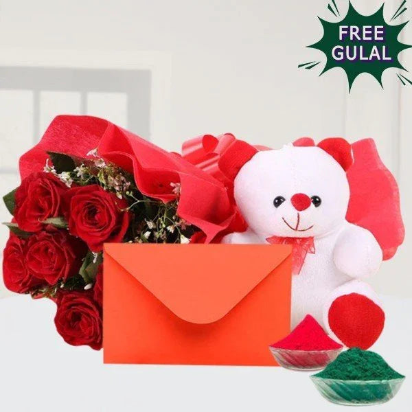 Bouquet of red roses, white teddy bear, orange envelope, and green powder on a white background with 'FREE GULAL' text.
