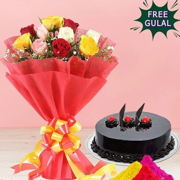 Bouquet of flowers wrapped in red paper with a black cake on a pink background