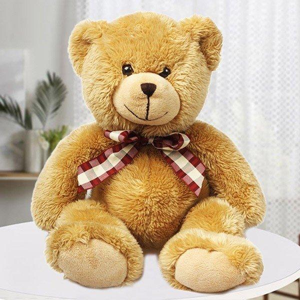 Plush teddy bear with a checkered bow tie on a white surface.