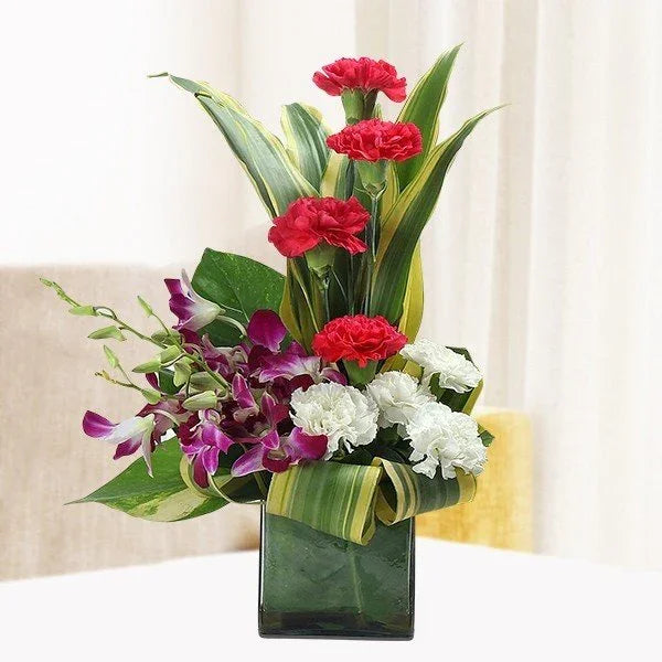 4 Orchids & 8 Carnations with Square Vase - Orchids Gift for Men