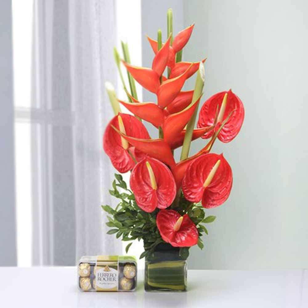 Vase of anthurium and Ferrero Rocher Chocoalte