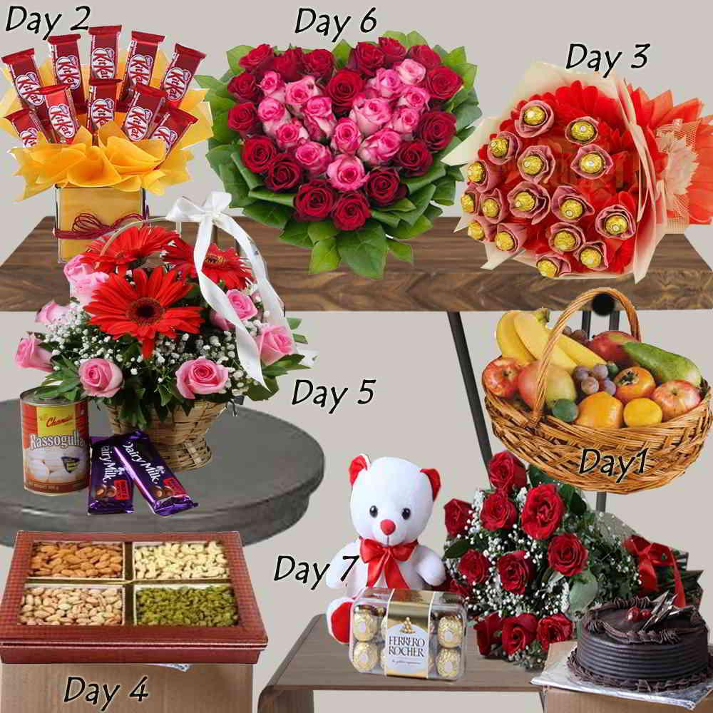Collage of gift items including flowers, chocolates, and fruits arranged on a wooden surface.