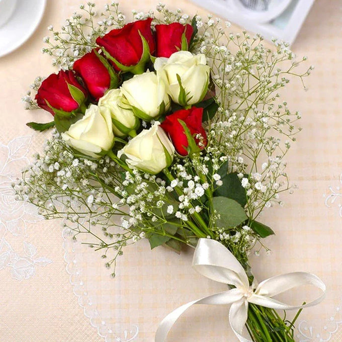 Red & White Roses Bouquet with Fresh Green Fillers - Flower Delivery in GiftsGhaziabad