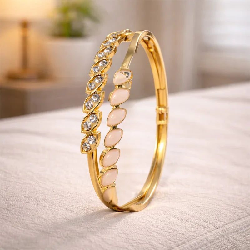 Elegant Gold-Plated Crystal & Blush Stone Designer Bangle for Women
