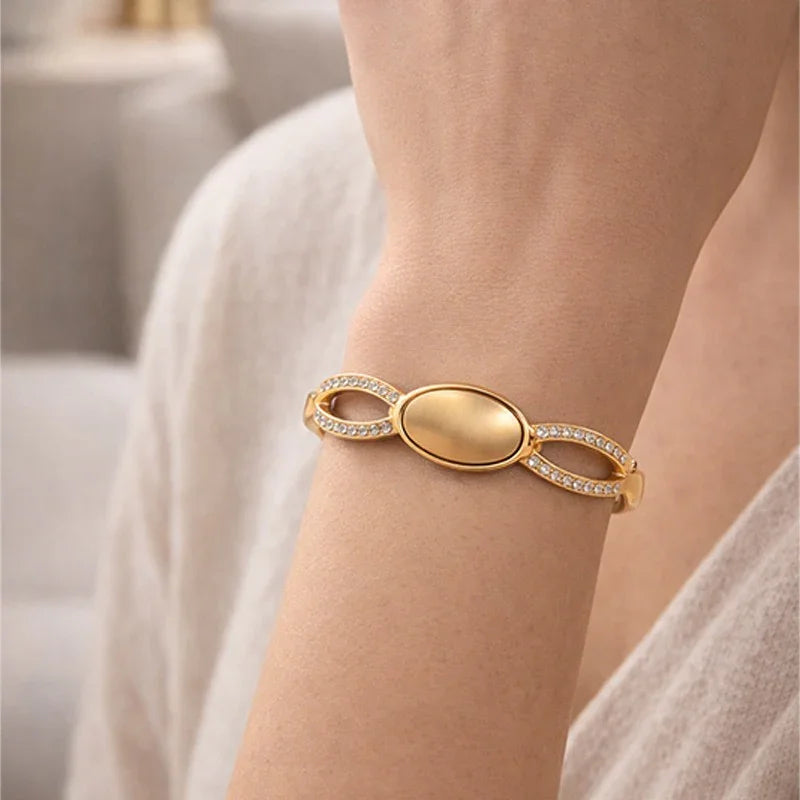 Elegant Gold-Tone Crystal Studded Oval Bracelet for Women