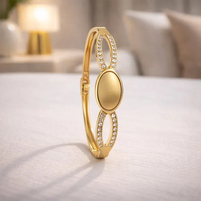 Elegant Gold-Tone Crystal Studded Oval Bracelet for Women